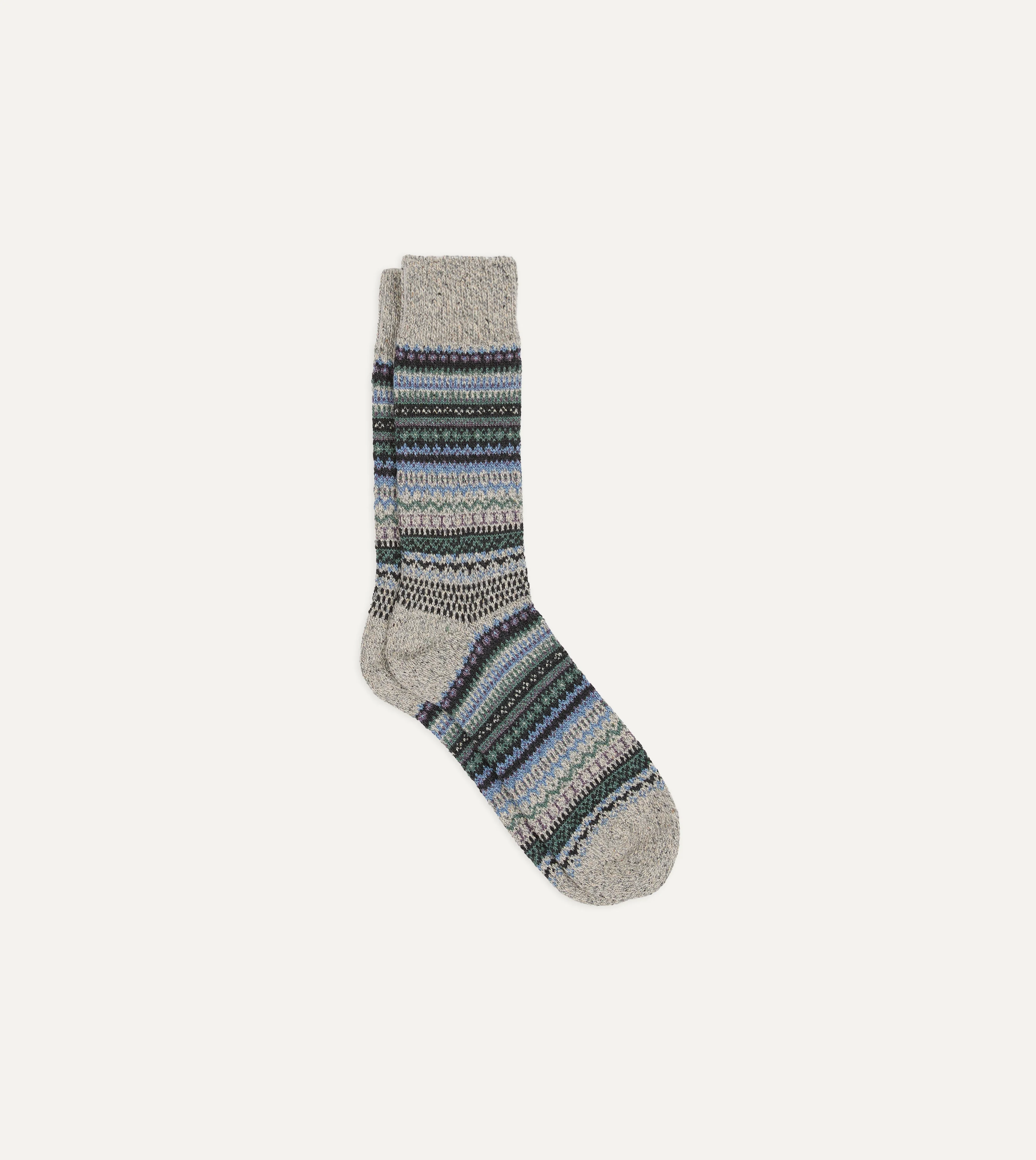 RoToTo Grey and Blue Wool Nordic Pattern Socks